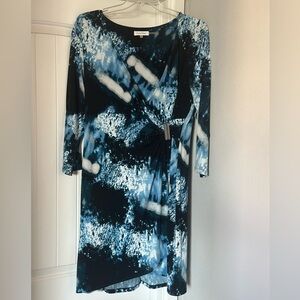 💙 Calvin Klein XL Blue Wrap Dress | 3/4 Sleeve Knee Length | Work to Evening